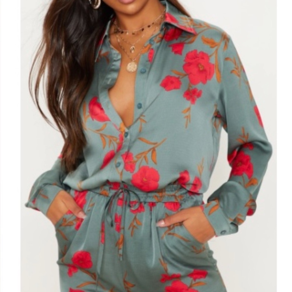 PrettyLittleThing Floral Jumpsuit in Teal and Red